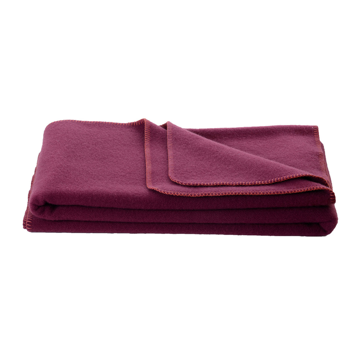 Steinbeck Inn Wolldecke aus Schurwolle in Aubergine, gefaltet mit sichtbarem Zackenstich-Rand