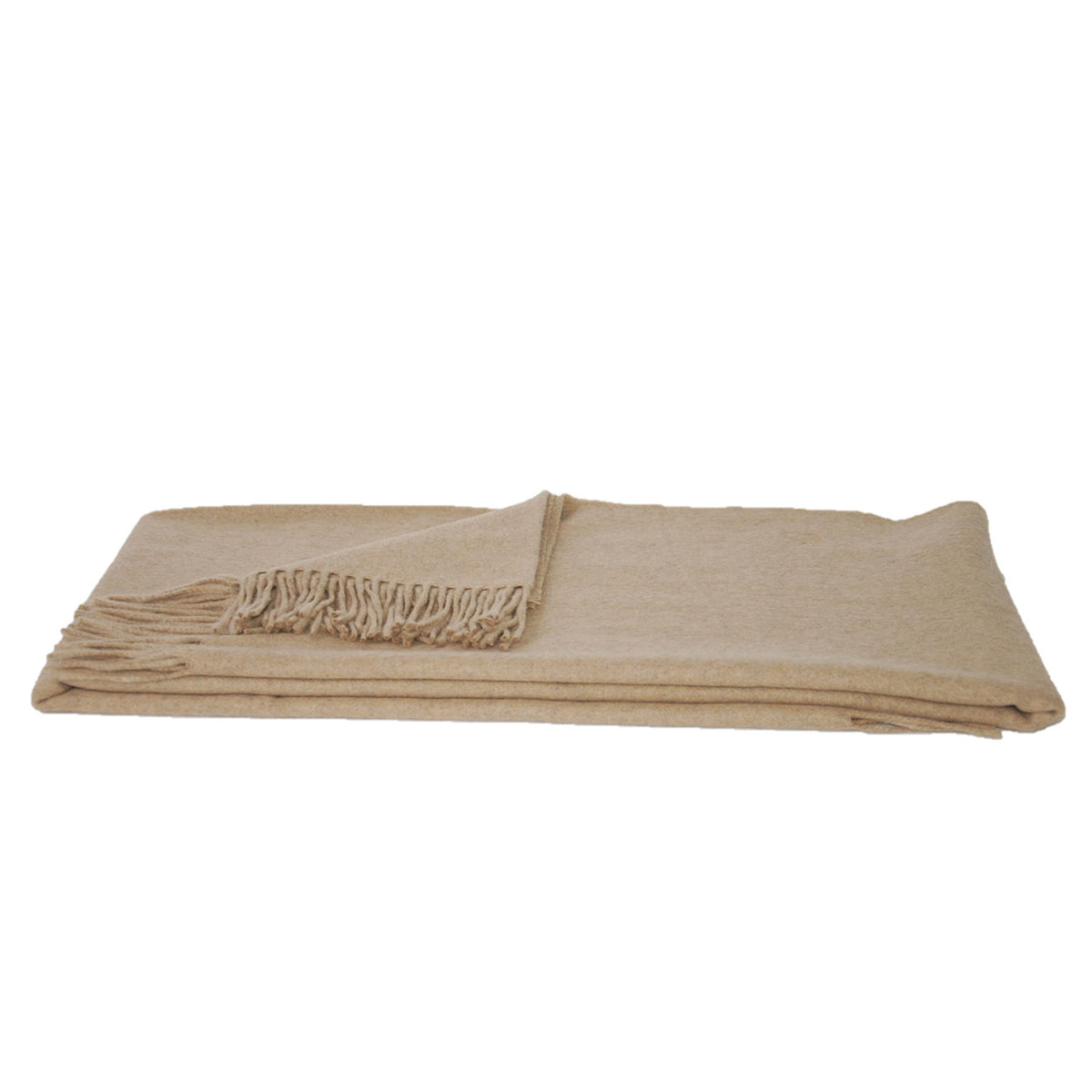 Steinbeck Riva Wolldecke aus Lammschurwolle/Cashmere in Camel, gefaltet mit sichtbaren Fransen