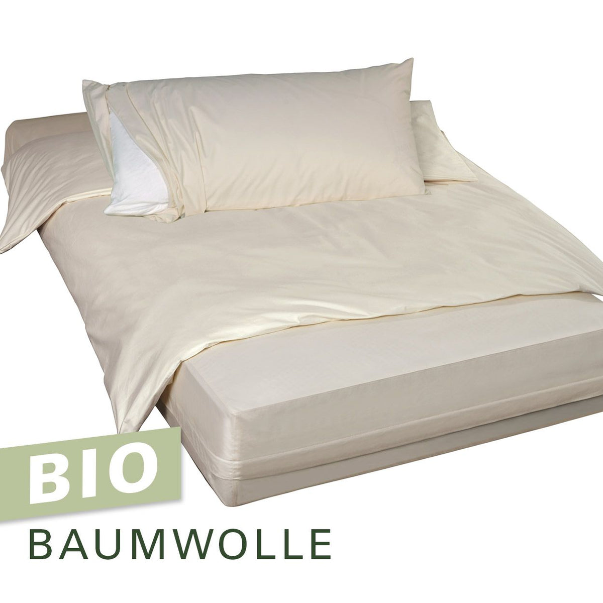 Softsan Bio Cotton Encasing Set aus Matratzen-, Kissen- und Bettdeckenbezug, naturweiß, mit „Bio Baumwolle“-Grafik