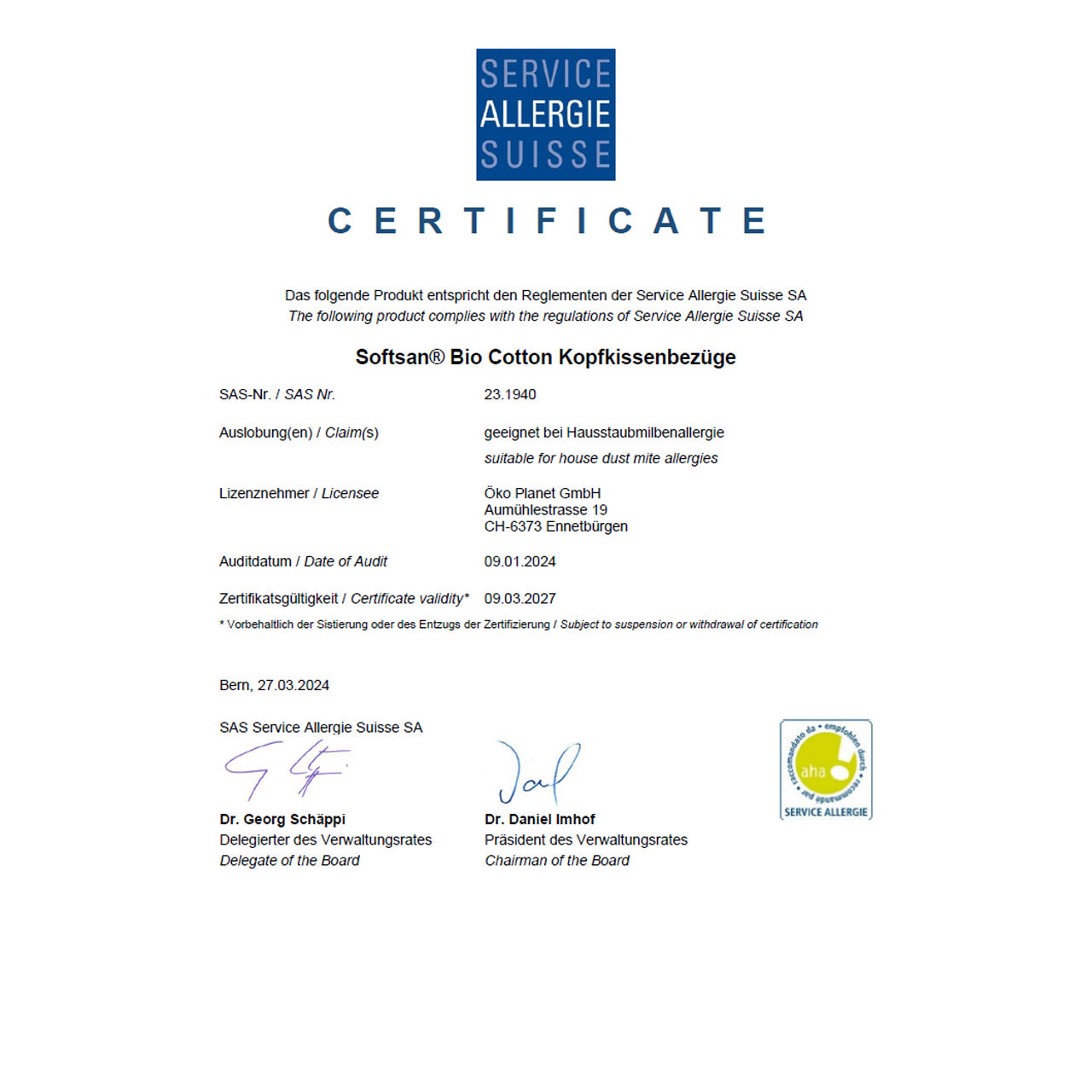 Softsan® Encasing für Kissen aus Bio Baumwolle | Schutzbezug für Allergiker