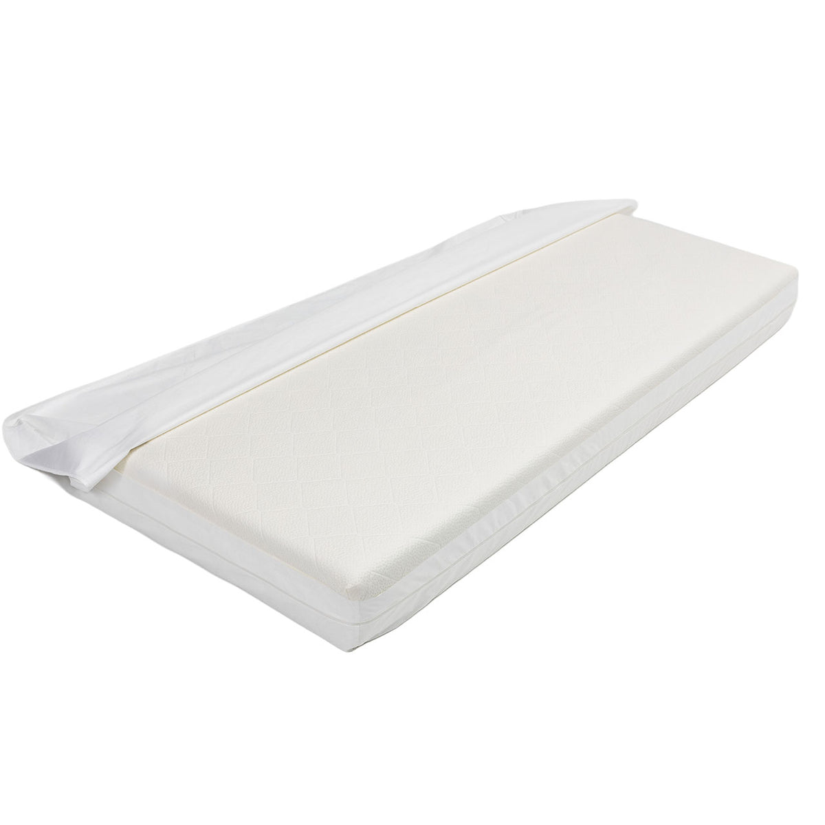 PULMANOVA® Comfort Anti-Milben-Encasing auf Matratze, teilweise geöffnet mit Reißverschluss