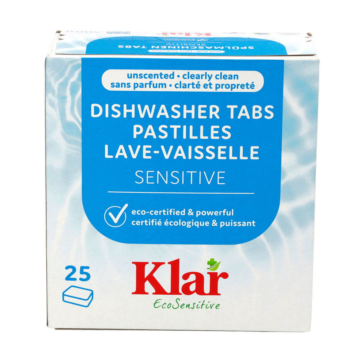 Verpackung der Klar Spülmaschinentabs „Sensitive“, 25 Stück, Vorderseite mit Produktangaben
