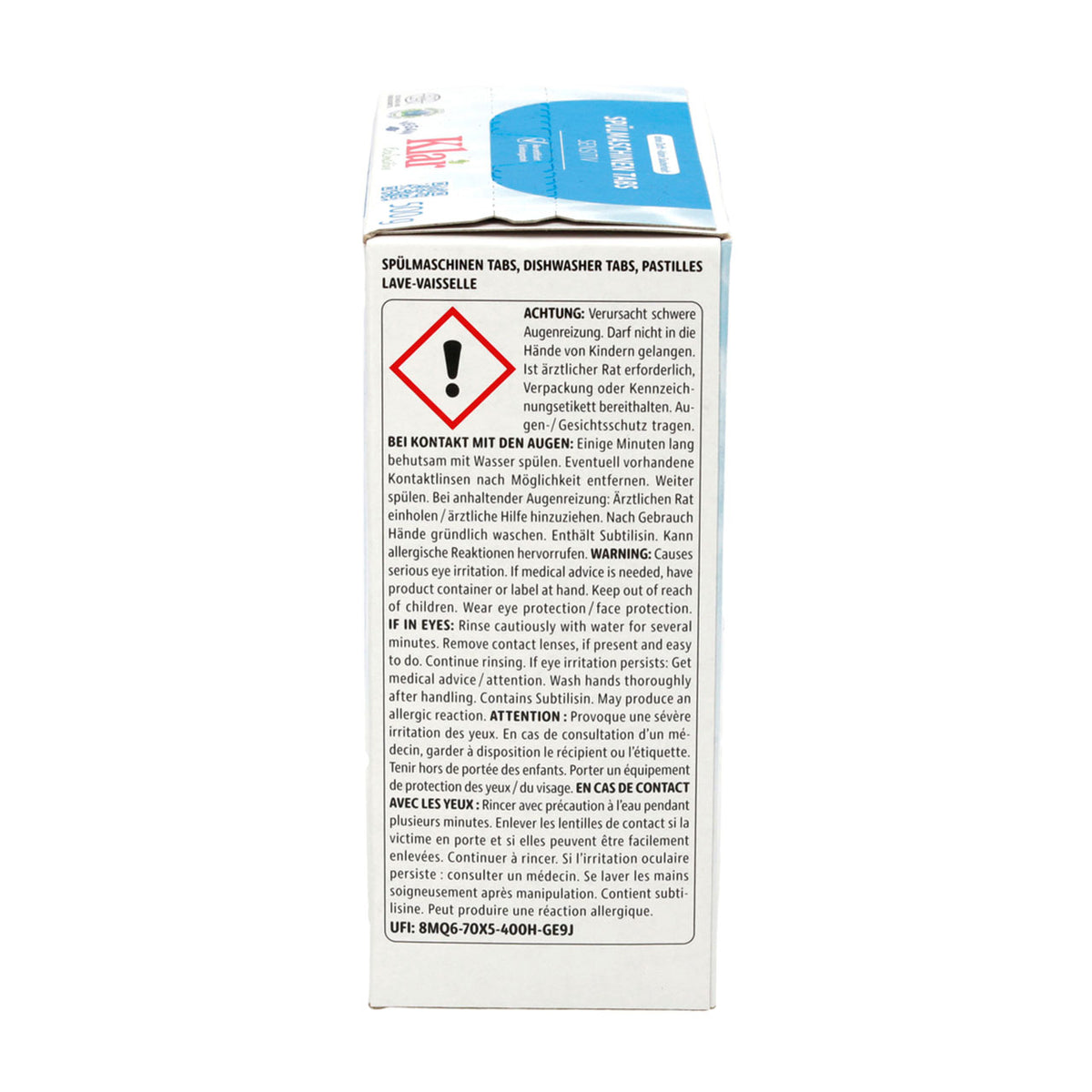 Verpackung Klar Spülmaschinentabs, Seitenansicht mit GHS-Gefahrenpiktogramm und Warnhinweisen