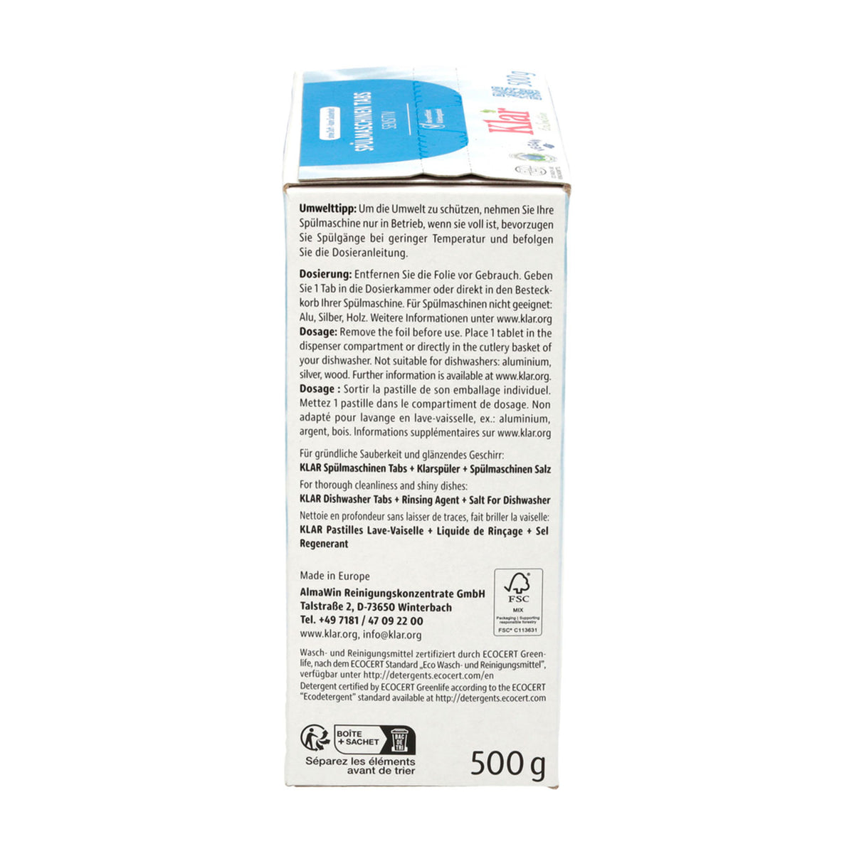 Verpackungsrückseite der Klar Spülmaschinentabs mit Dosierungshinweisen und FSC-Siegel, 500 g