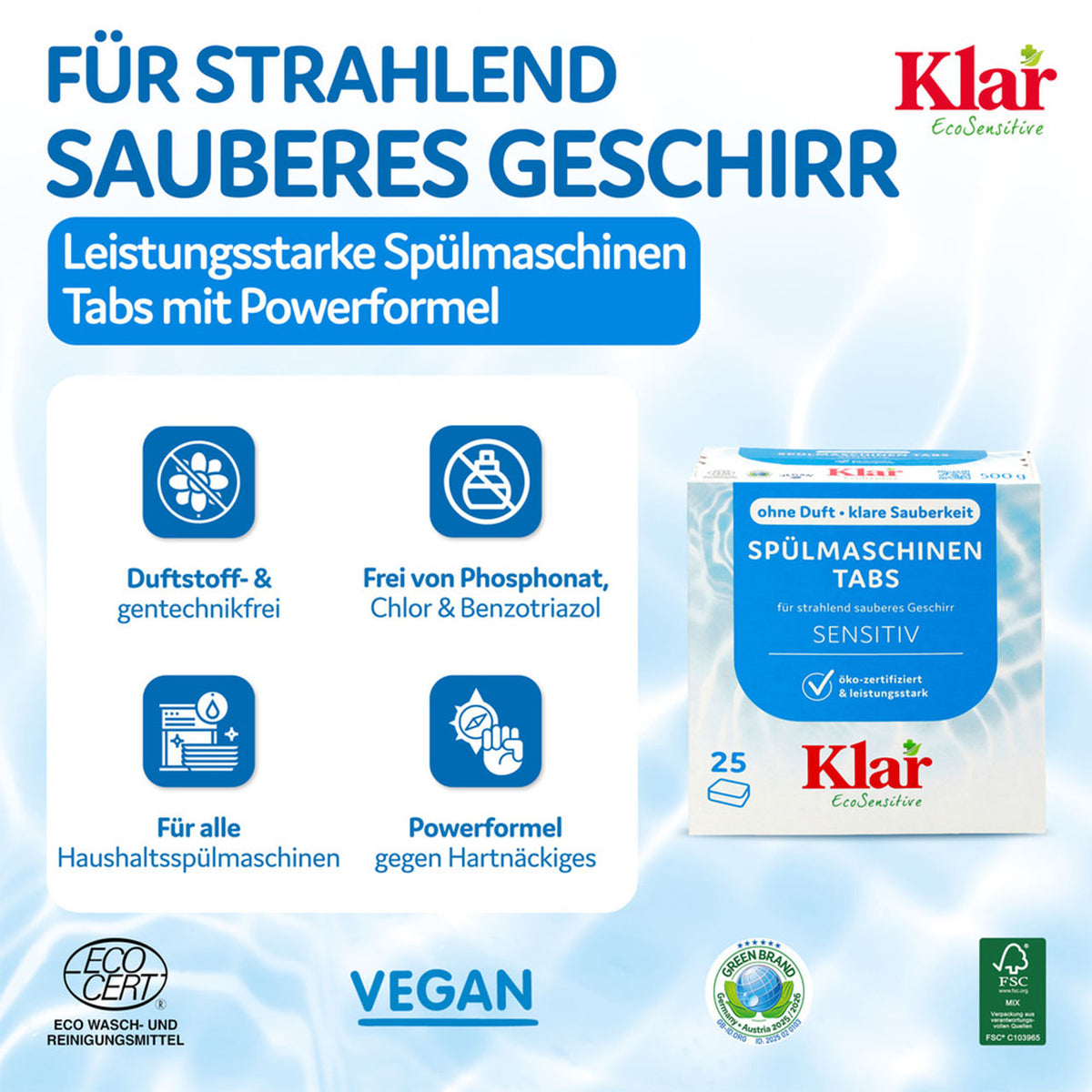 Klar Spülmaschinentabs Sensitiv, Infografik mit Produktvorteilen und Verpackung, 25 Stück