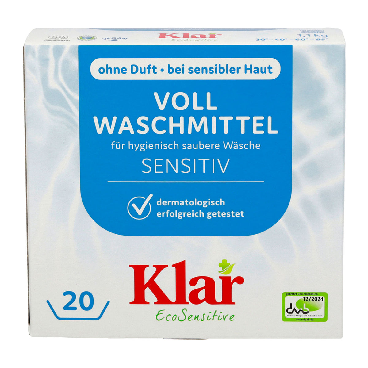 Verpackung „Klar EcoSensitive“ Vollwaschmittel Sensitiv, 1,1 kg, ohne Duft, für 20 Wäschen