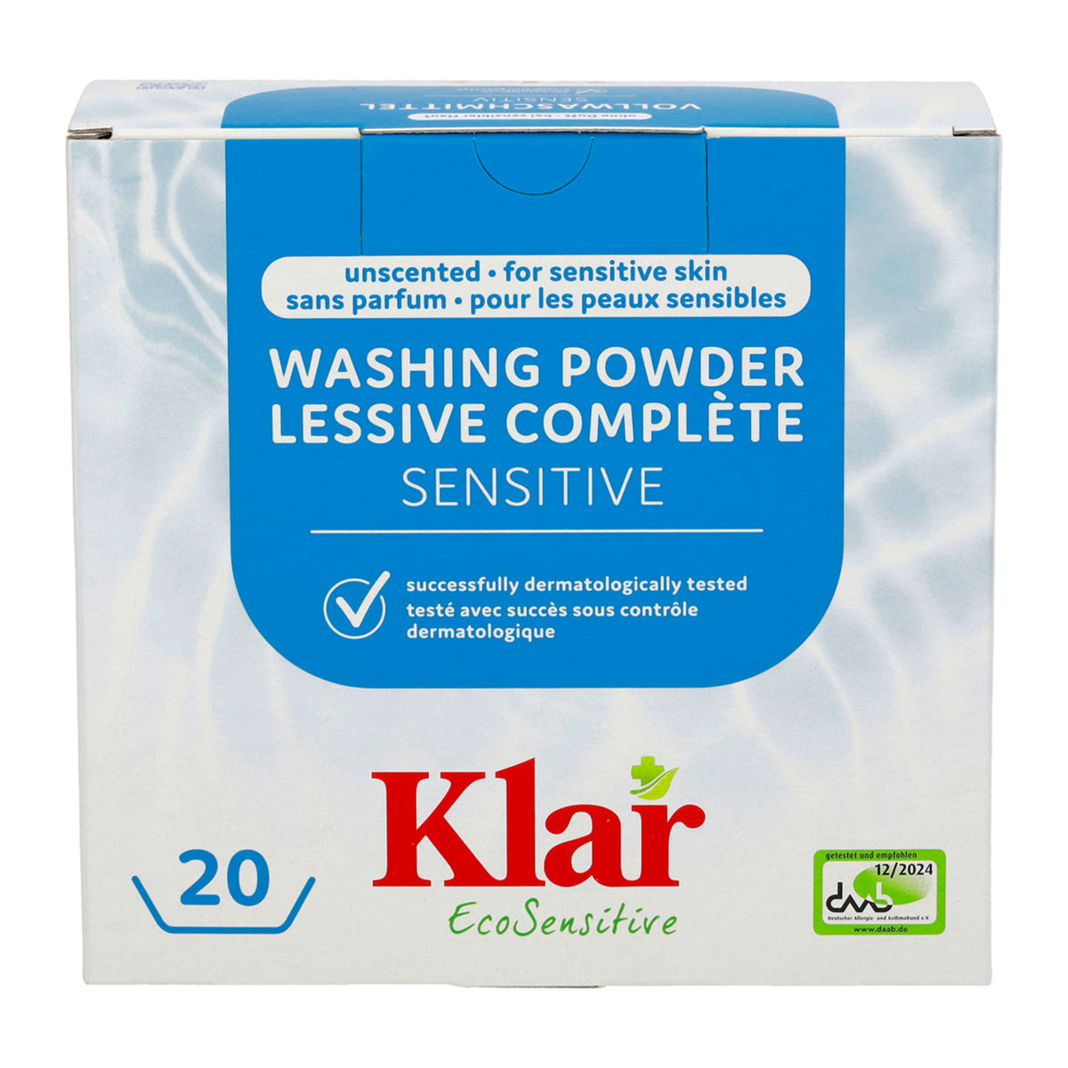 Verpackung Klar EcoSensitive Vollwaschmittel „Sensitive“, unparfümiert, mit DAAB-Siegel 12/2024