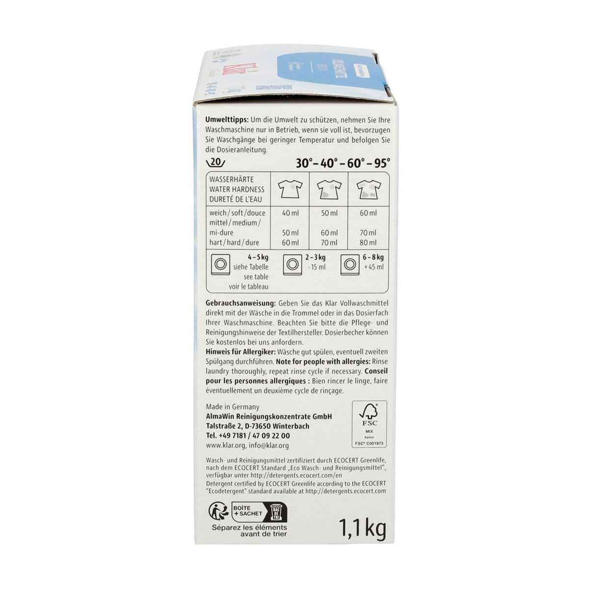 Rückseite der Klar Vollwaschmittel Verpackung mit Dosiertabelle, Gebrauchsanweisung und FSC-Siegel, 1,1 kg