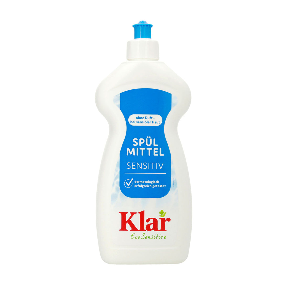 Klar Spülmittel Sensitiv „EcoSensitive“, weiße Flasche mit blauem Etikett, Frontalansicht