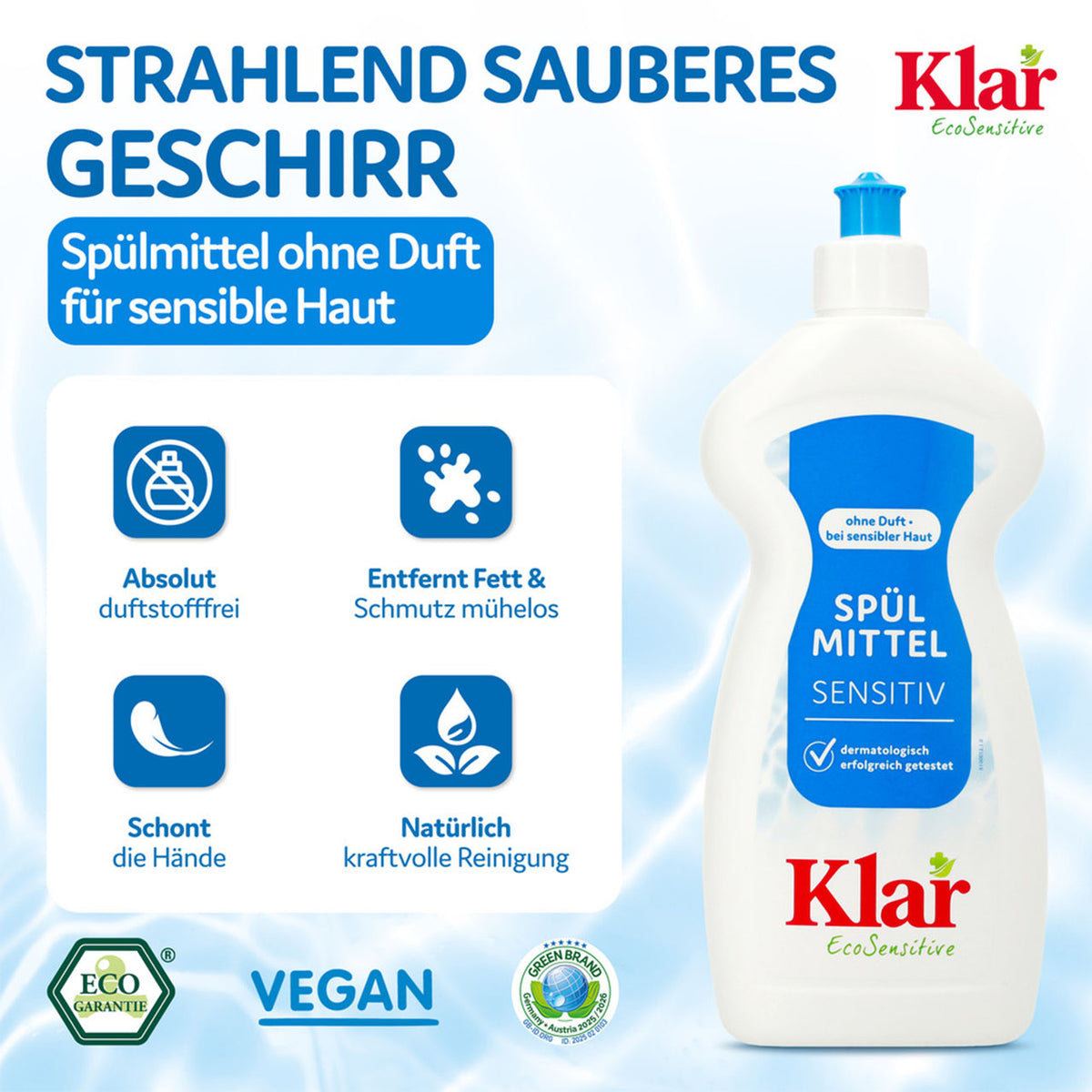Klar Spülmittel Sensitiv ohne Duft, Flasche mit Produktvorteilen und Siegeln Eco Garantie, Vegan, Green Brand