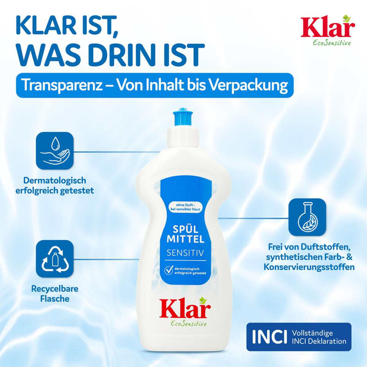Klar Spülmittel Sensitiv Flasche mit Icons zu Dermatest, Recycling und Duft- und Konservierungsstofffreiheit