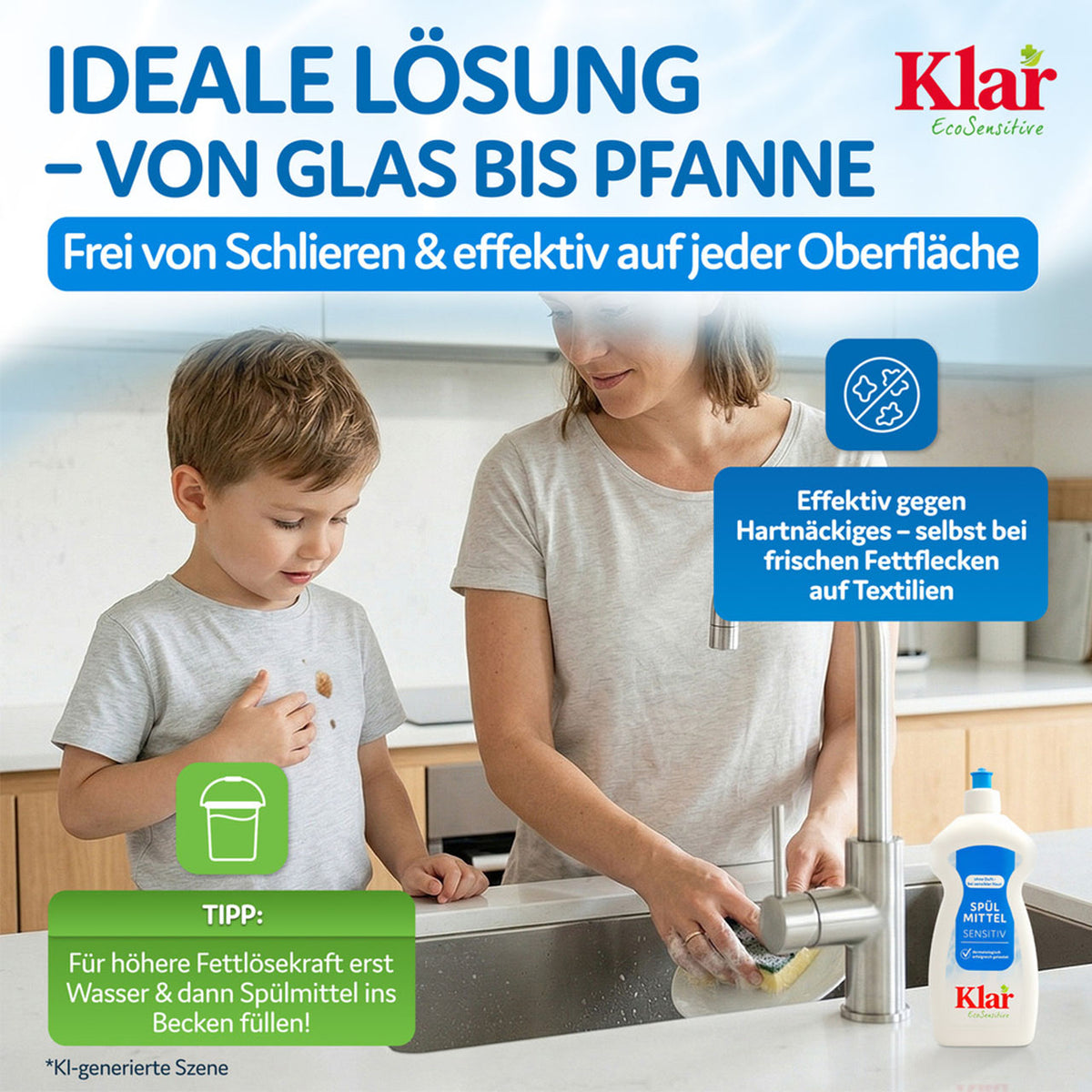 Grafik „Ideale Lösung – von Glas bis Pfanne“ mit Frau und Kind am Spülbecken, Klar Spülmittel sensitive Flasche