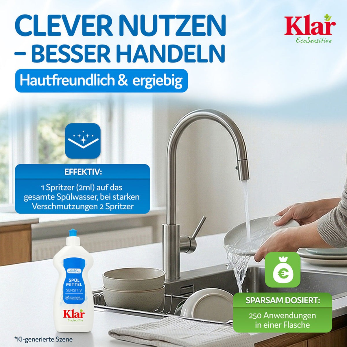 Grafik zu Klar Spülmittel Sensitiv: Dosierhinweis 1 Spritzer und 250 Anwendungen je Flasche, Szene am Spülbecken