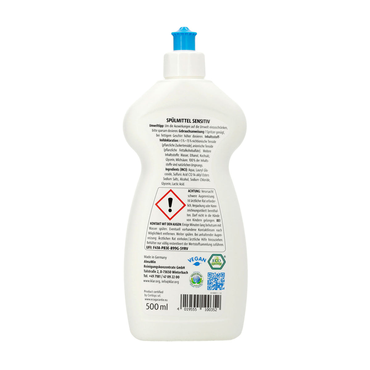 Rückseite der Klar Spülmittel Sensitiv Flasche, 500 ml, mit Inhaltsstoffen und Gefahrensymbol