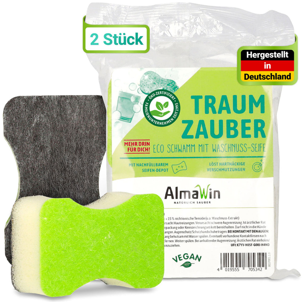 AlmaWin Traum Zauber Eco Schwamm mit Waschnuss-Seife, Verpackung mit 2 Stück und einzelner Schwamm in Grün-Schwarz