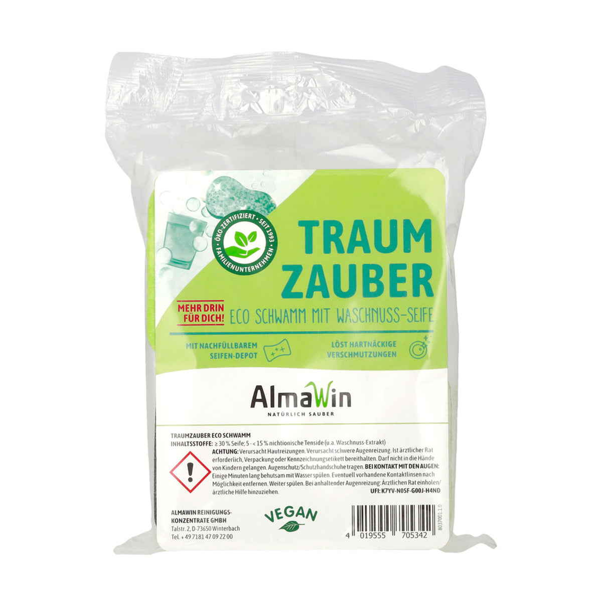 Verpackung des AlmaWin „Traum Zauber“ Eco Schwamms mit Waschnuss-Seife, Vorderseite mit Inhaltsstoffen