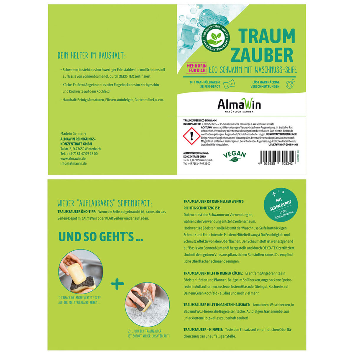 Verpackungsrückseite AlmaWin Traum Zauber Eco Schwamm mit Anleitung zum Aufladen des Seifendepots