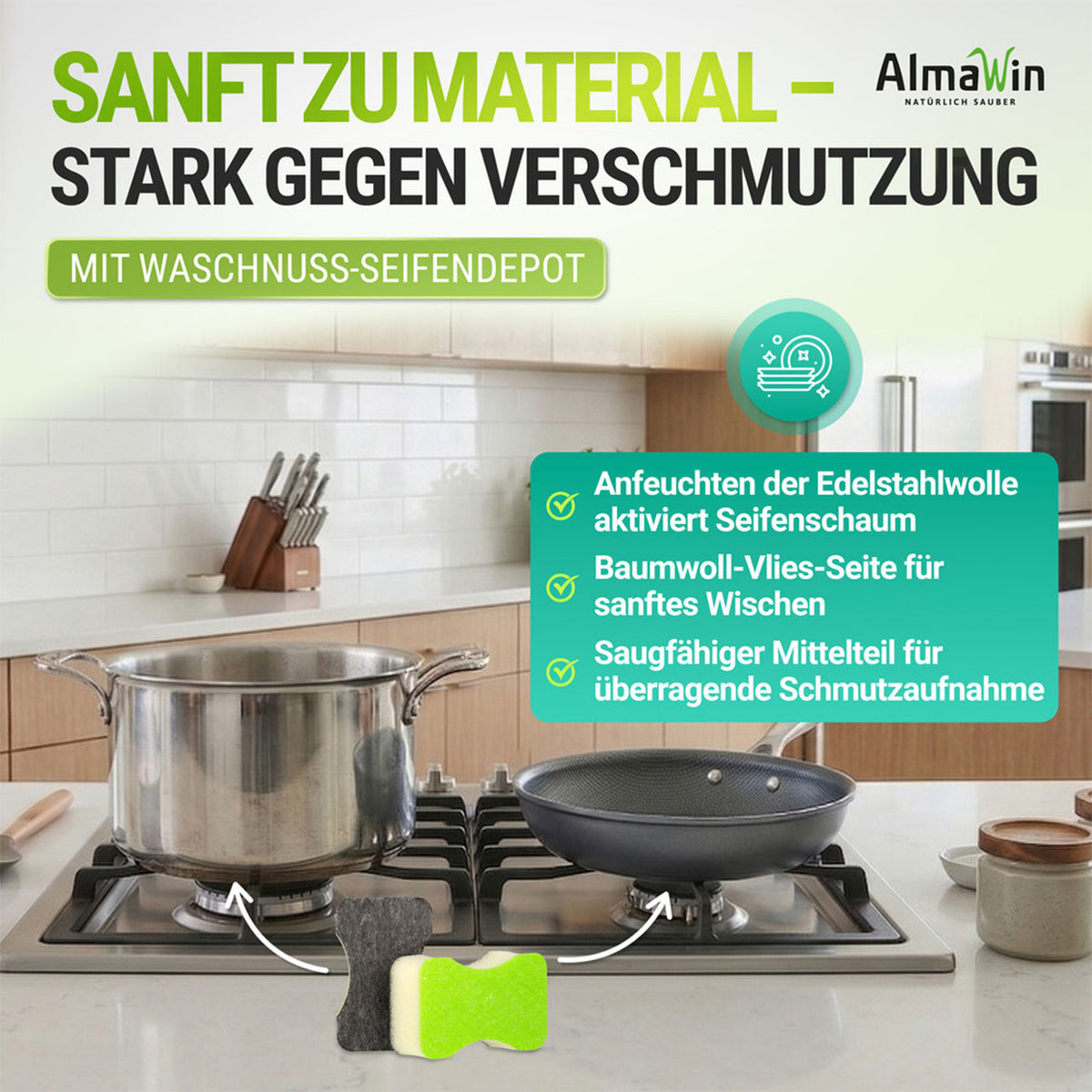 Grafik zum AlmaWin Traum Zauber Eco Schwamm mit Waschnuss-Seifendepot vor Küchenszene mit Topf und Pfanne