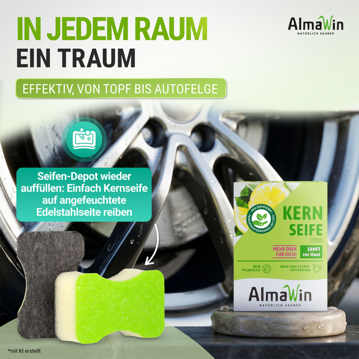 AlmaWin Traum Zauber Eco-Schwamm grün-grau mit Kernseife Citrus vor Autofelge, Grafik zur Anwendung