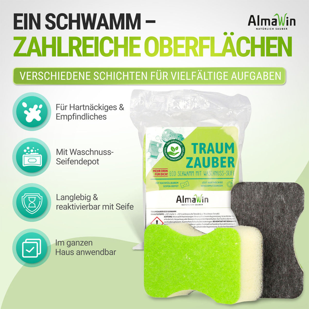Grafik zu AlmaWin „Traum Zauber“ Eco Schwamm mit Waschnuss-Seife, Vorteile in vier Icons, Verpackung und Schwämme in Grün und Grau