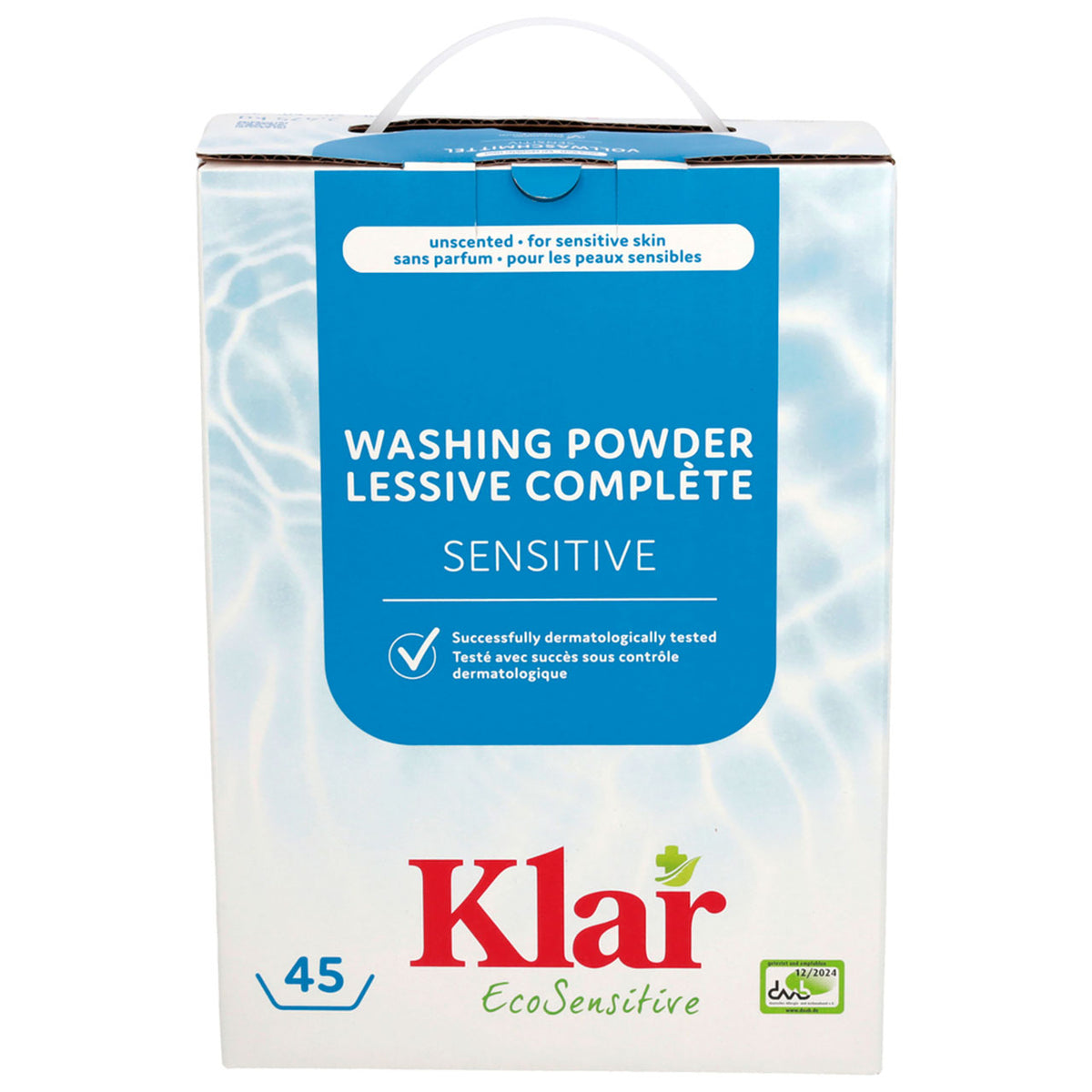 Klar Vollwaschmittel „EcoSensitive“, Verpackung mit Tragegriff, Frontansicht, für 45 Wäschen