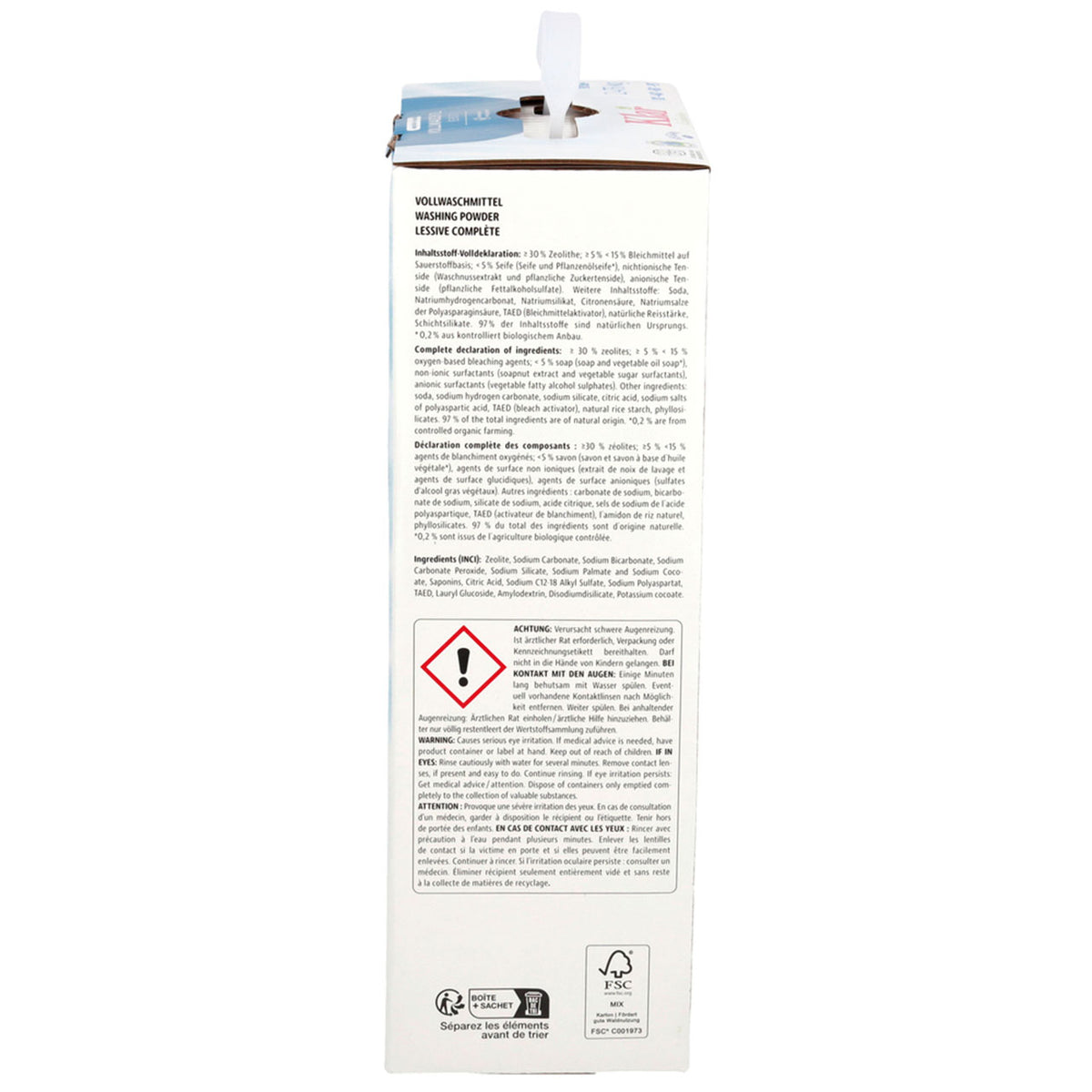 Klar Vollwaschmittel, Verpackungsseite mit Inhaltsstoffen, Gefahrenhinweisen und FSC-Logo