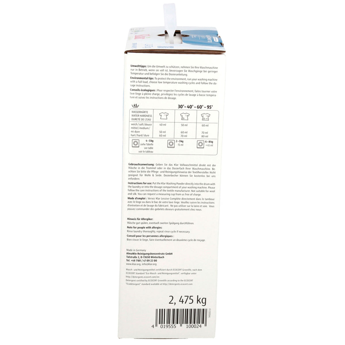 Rückseite der Klar Vollwaschmittel Verpackung mit Dosiertabelle und Gebrauchsanweisung, 2,475 kg