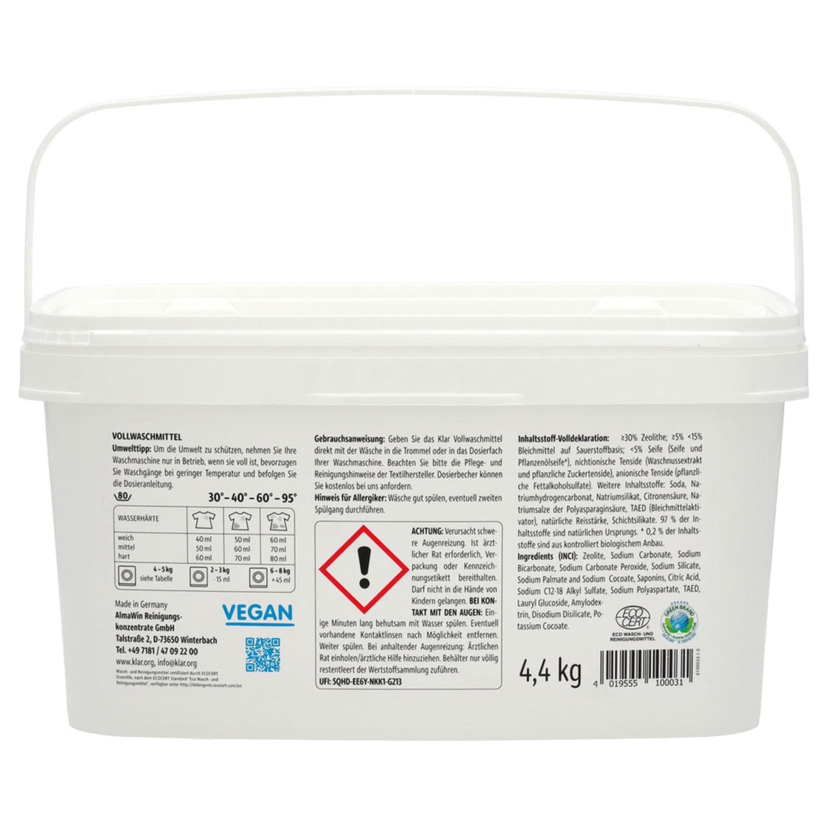 Klar Vollwaschmittel 4,4 kg, weißer Eimer mit Griff, Rückseite mit Dosieranleitung und Inhaltsstoffen