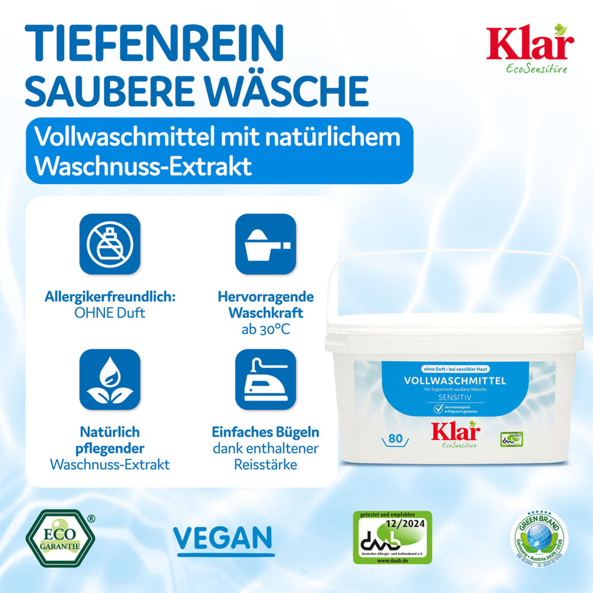 Grafik zu Klar Vollwaschmittel Sensitiv mit Eigenschaften, Eimer und Siegeln „Eco Garantie“, „Vegan“, „Green Brand“