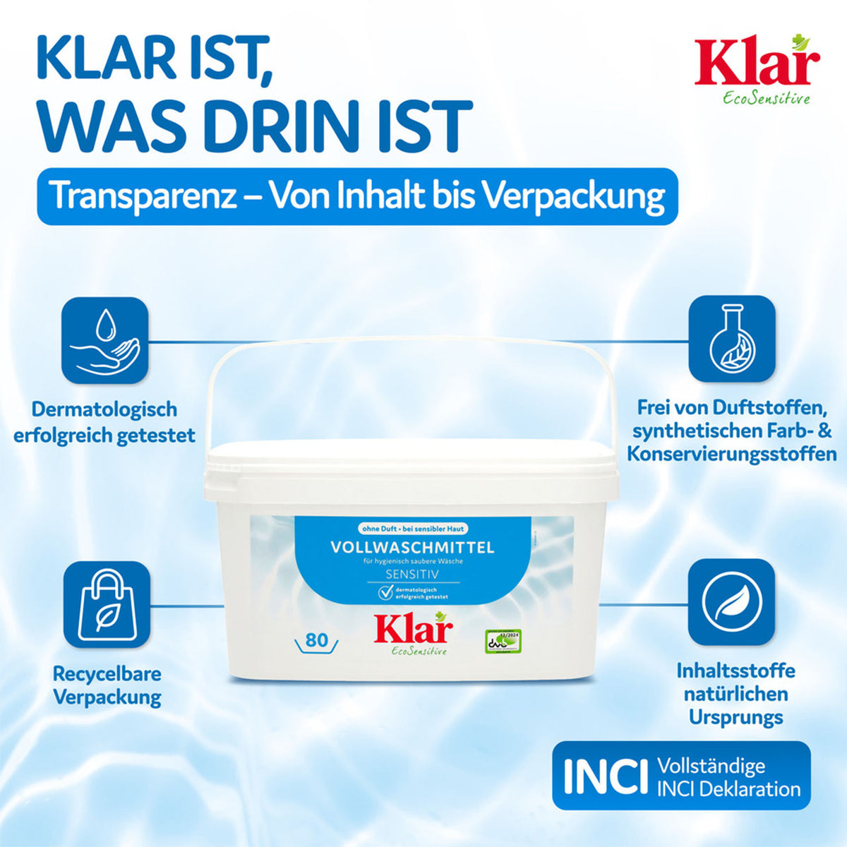 Klar EcoSensitive Vollwaschmittel Sensitiv Eimer, Grafik mit Vorteilen wie dermatologisch getestet und recycelbare Verpackung