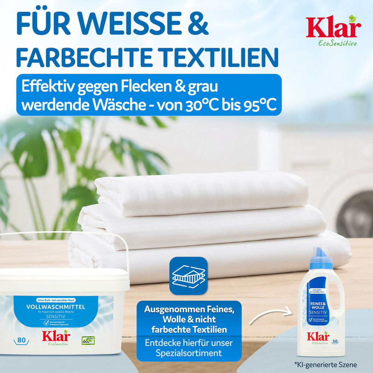 Klar Vollwaschmittel-Eimer und Feinwaschmittel-Flasche neben gestapelter weißer Bettwäsche, Grafik „Für weiße & farbechte Textilien“