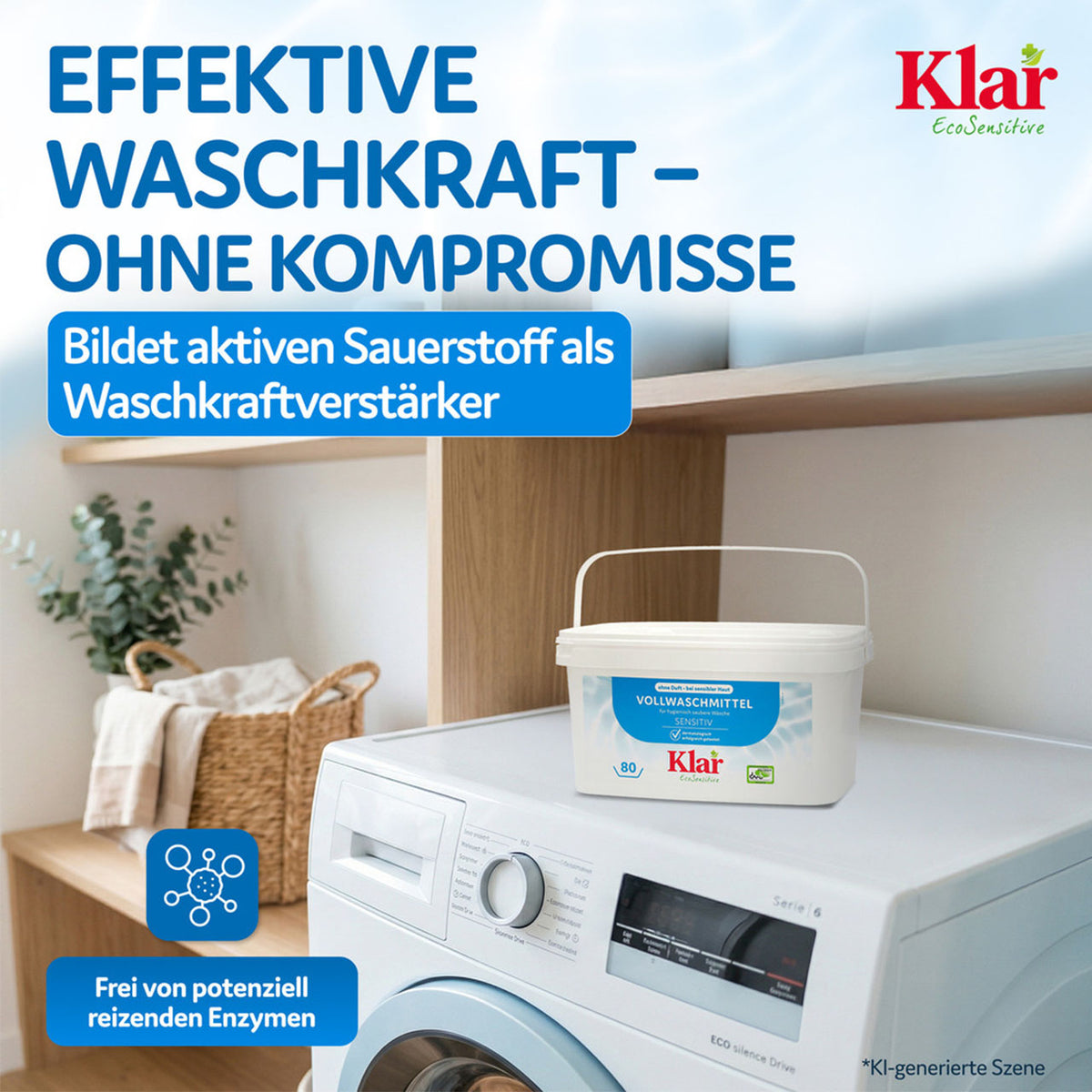 Klar Vollwaschmittel-Eimer auf Waschmaschine, Grafik zu Sauerstoff-Waschkraft und reizfreien Enzymen