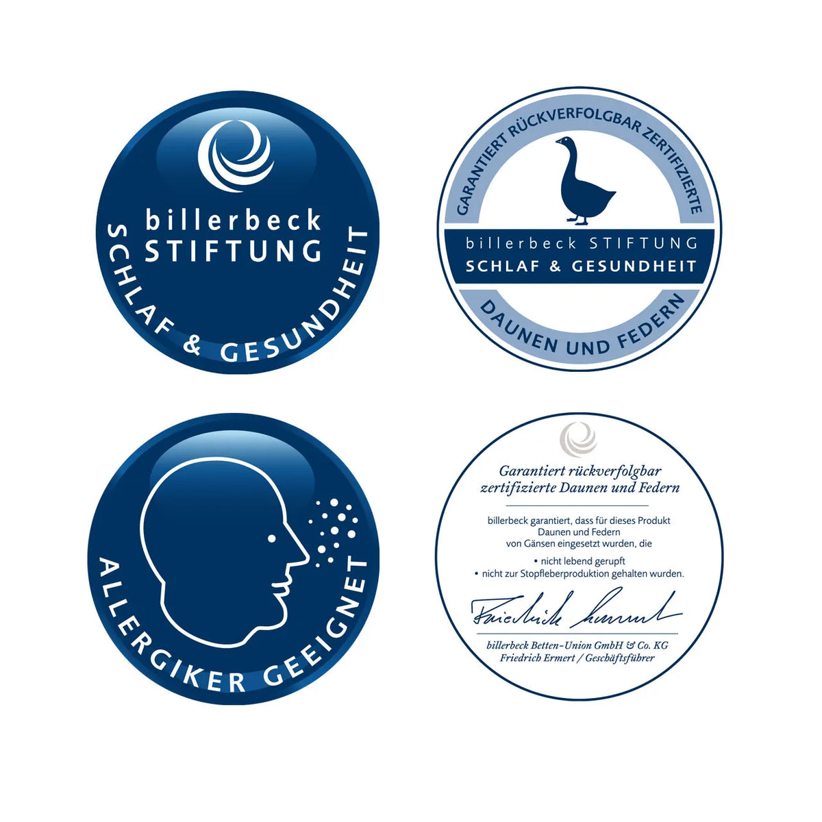 Vier Siegel der „billerbeck Stiftung Schlaf & Gesundheit“: Logo, rückverfolgbare Daunen, Allergiker geeignet, Garantie-Text