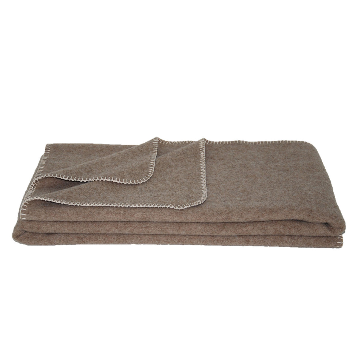 Steinbeck Supra Wolldecke aus Schurwolle in Beige, gefaltet mit Schrägansicht der Kettelkante