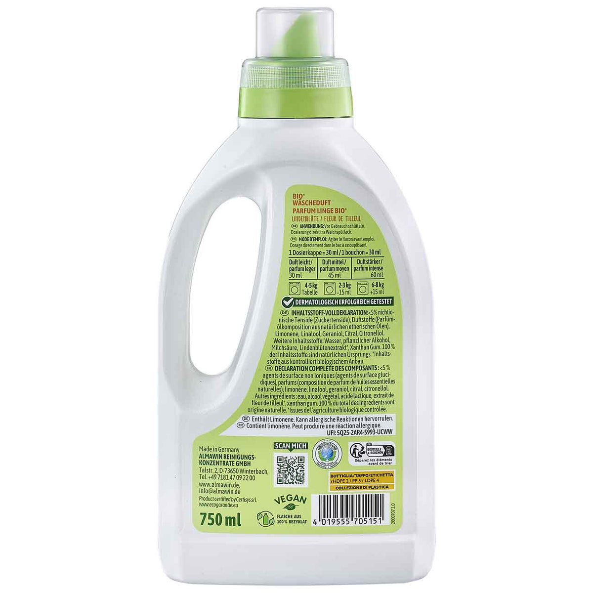 AlmaWin Bio Wäscheduft Lindenblüte 750 ml, Rückseite mit Inhaltsstoffen und Dosierungsanleitung