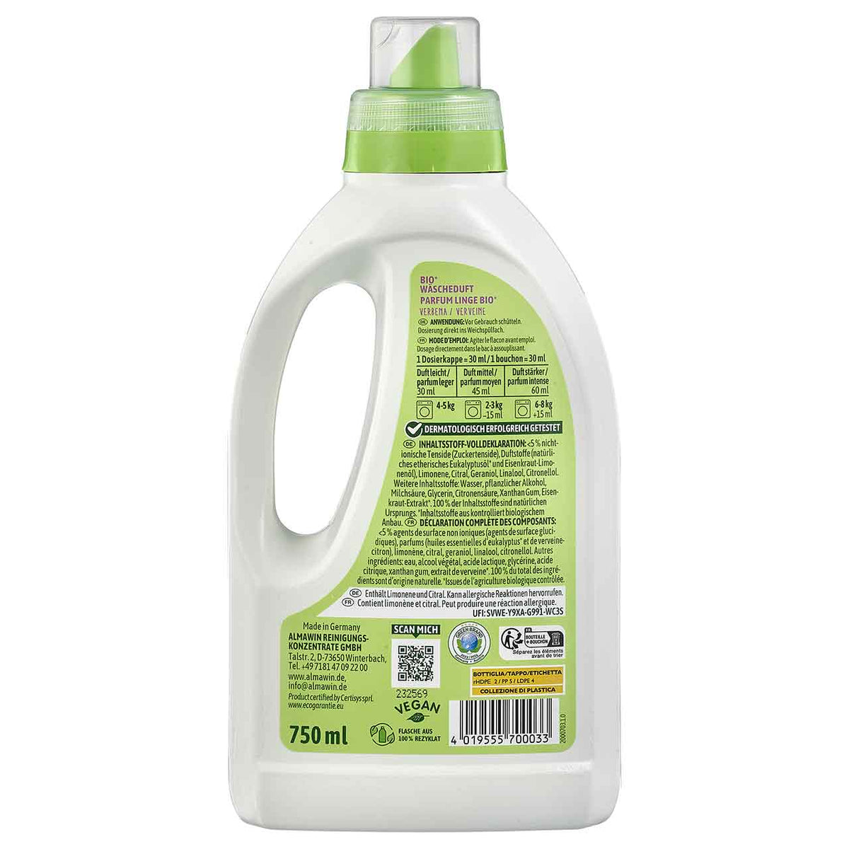 AlmaWin Bio Wäscheduft Verbena, 750 ml, Rückseite mit Inhaltsstoffen und Dosierhinweisen