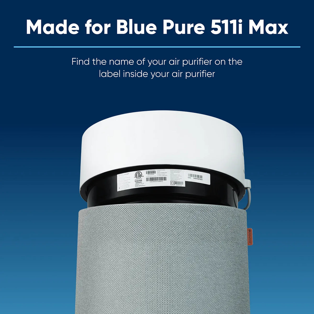 Blueair Ersatzfilter für „Blue Pure 511i Max“ mit Blick auf Geräteoberseite und Etikett