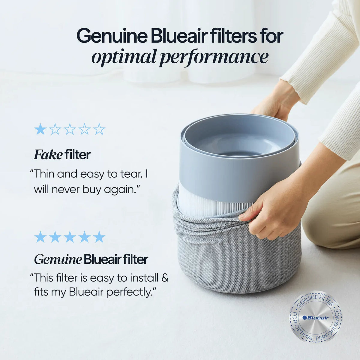 Grafik vergleicht gefälschten und originalen Blueair-Filter, Hände setzen zylindrischen Filter mit grauem Vorfilterbezug ein