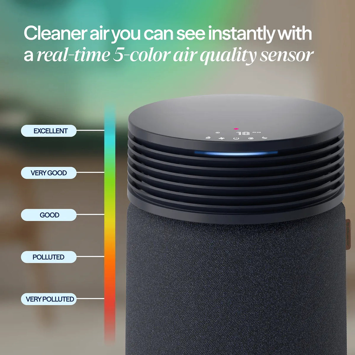 Blueair Blue Signature SP1i Luftreiniger, schwarz, mit Grafik zur 5-Farben-Luftqualitätsanzeige von „Excellent“ bis „Very Polluted“