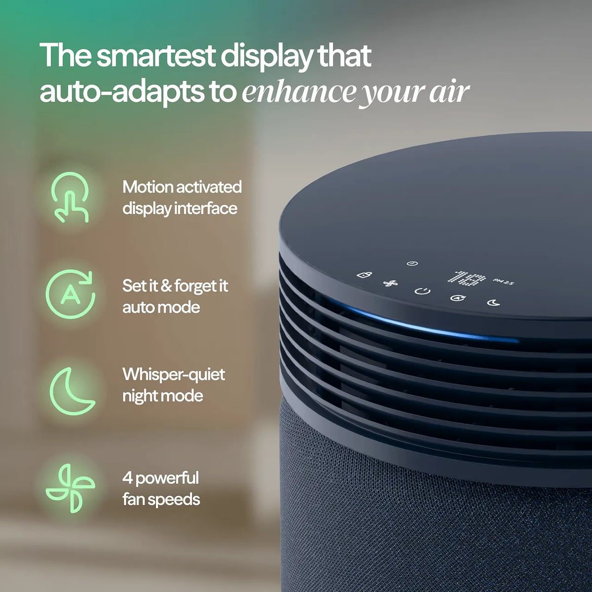 Blueair Signature SP1i Luftreiniger, Nahaufnahme Display mit Touch-Bedienfeld und Lüftungsgitter, Icons zu Funktionen