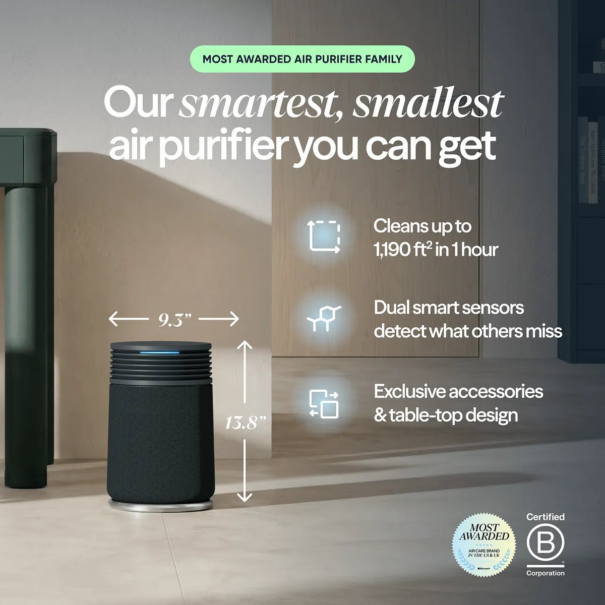 Blueair Blue Signature SP1i Luftreiniger, schwarz, mit Maßangaben 9,3 x 13,8 Zoll im Wohnraum