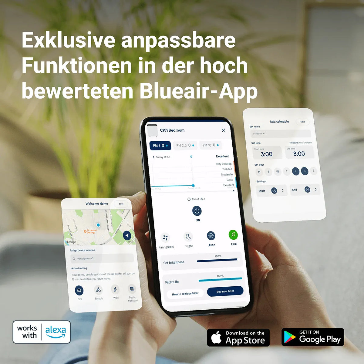 Smartphone-Screens der Blueair-App zu Luftqualität, Zeitplan und Standort für den CP7i Luftreiniger