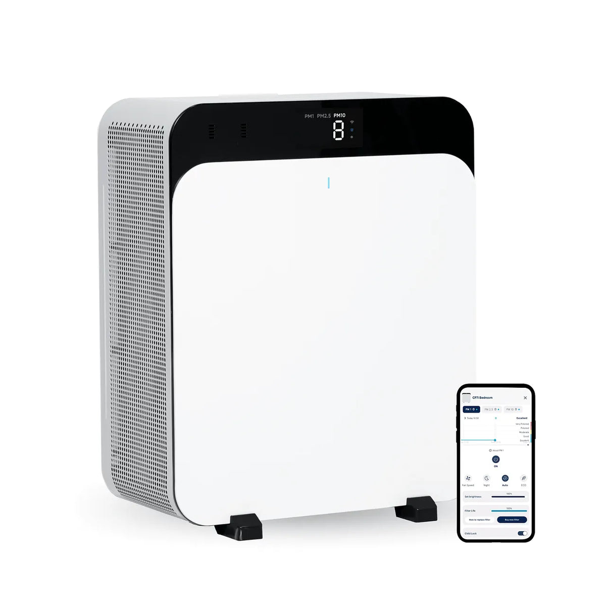 Blueair Classic Pro CP7i Luftreiniger in Weiß mit Display und zugehöriger Smartphone-App
