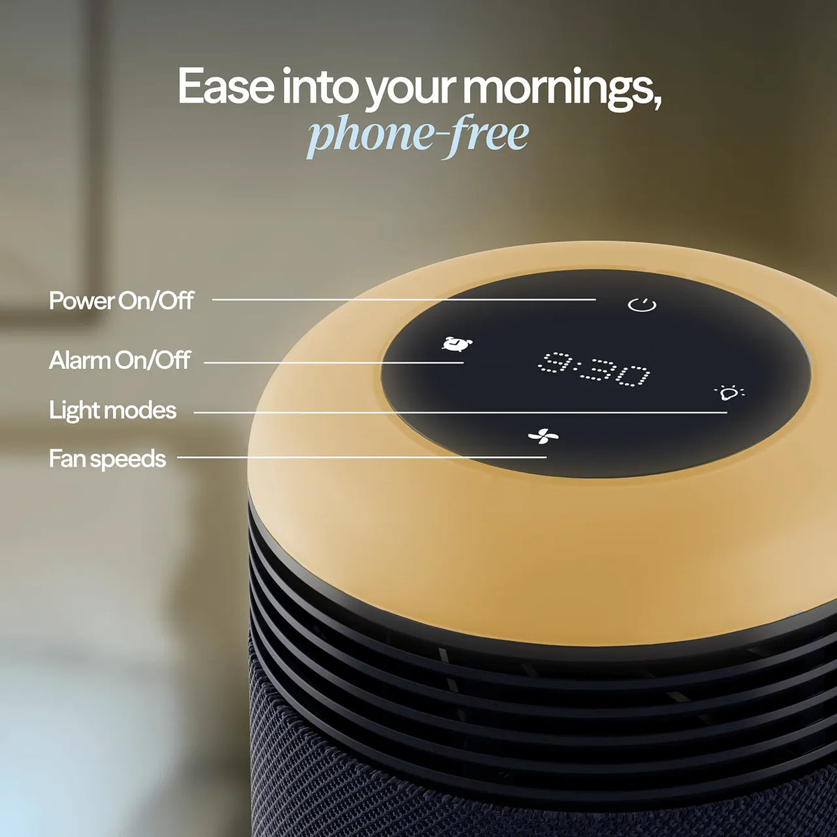 Blueair Mini Restful Luftreiniger mit Lichtwecker, Grafik erklärt Bedienfeld mit Uhrzeit, Alarm, Lichtmodi und Lüfterstufen