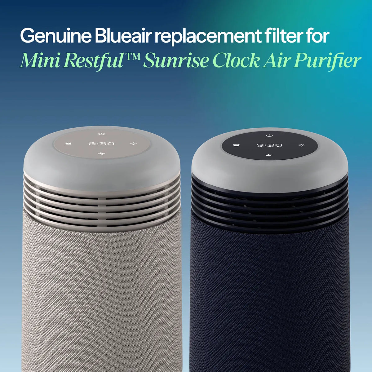 Blueair Mini Restful Luftreiniger in Grau und Dunkelblau mit Stoffbezug und Bedienfeld, Grafik mit Produktbezeichnung