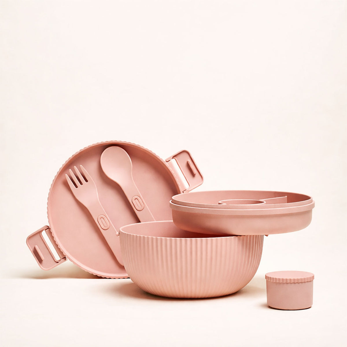 Bioloco Plant Deluxe Bowl in Dusty Rose mit Deckel, Besteck, Einsatz und kleinem Behälter, Einzelteile