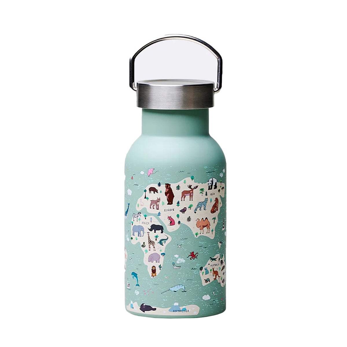 chic.mic Bioloco Sky Kids Trinkflasche 350 ml, mintgrün mit Weltkarten-Tiermotiv „Animal Map“, Gesamtansicht
