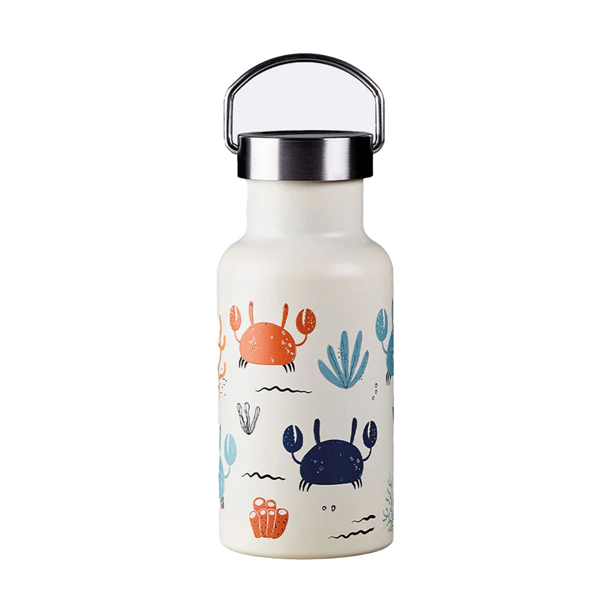 chic.mic Bioloco Sky Kids Trinkflasche 350 ml, weiß mit Krabben-Motiv „Crabs“, Edelstahldeckel mit Tragegriff