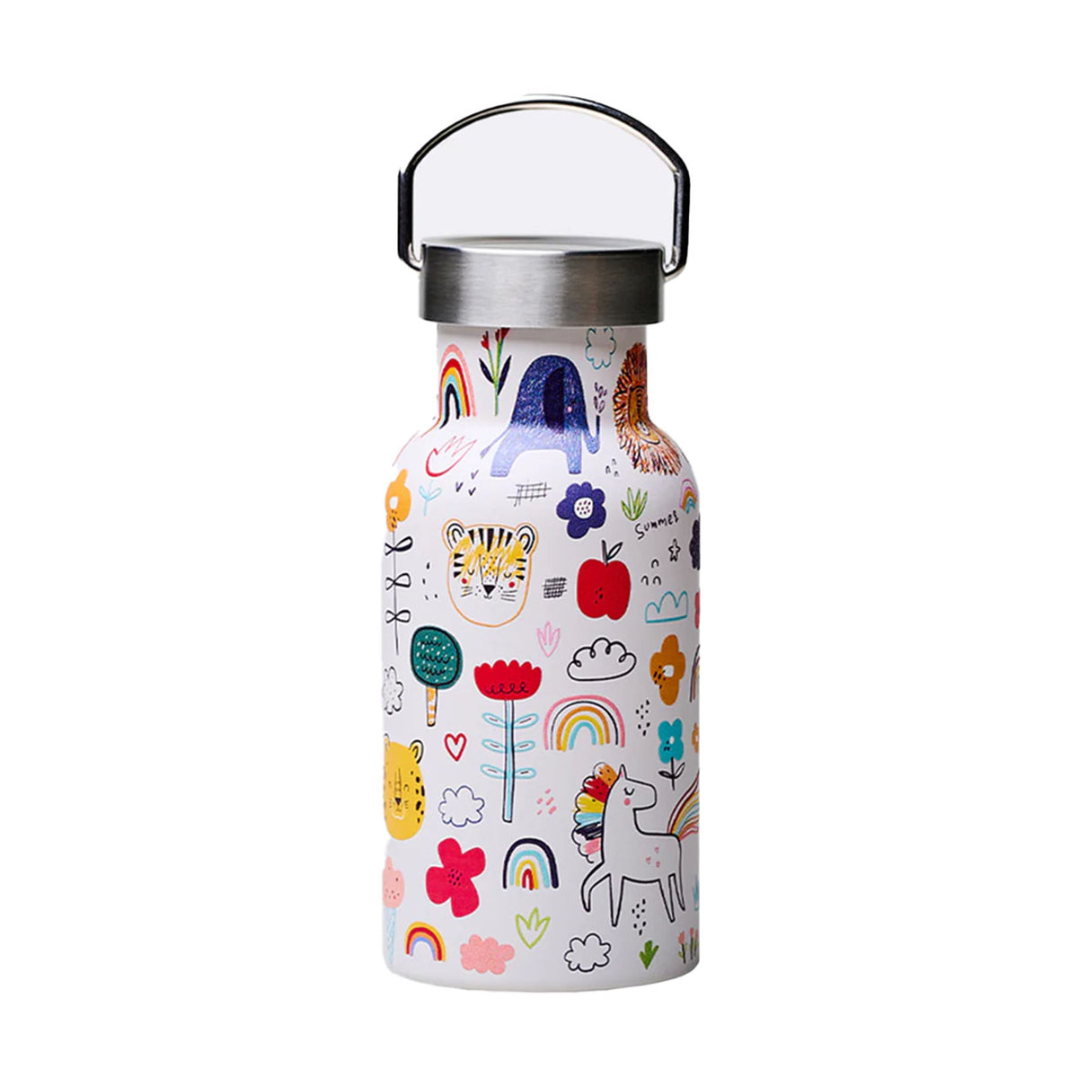 chic.mic Bioloco Sky Kids Trinkflasche 350 ml, Farbe „Doodles“ mit Tieren, Blumen und Regenbogen