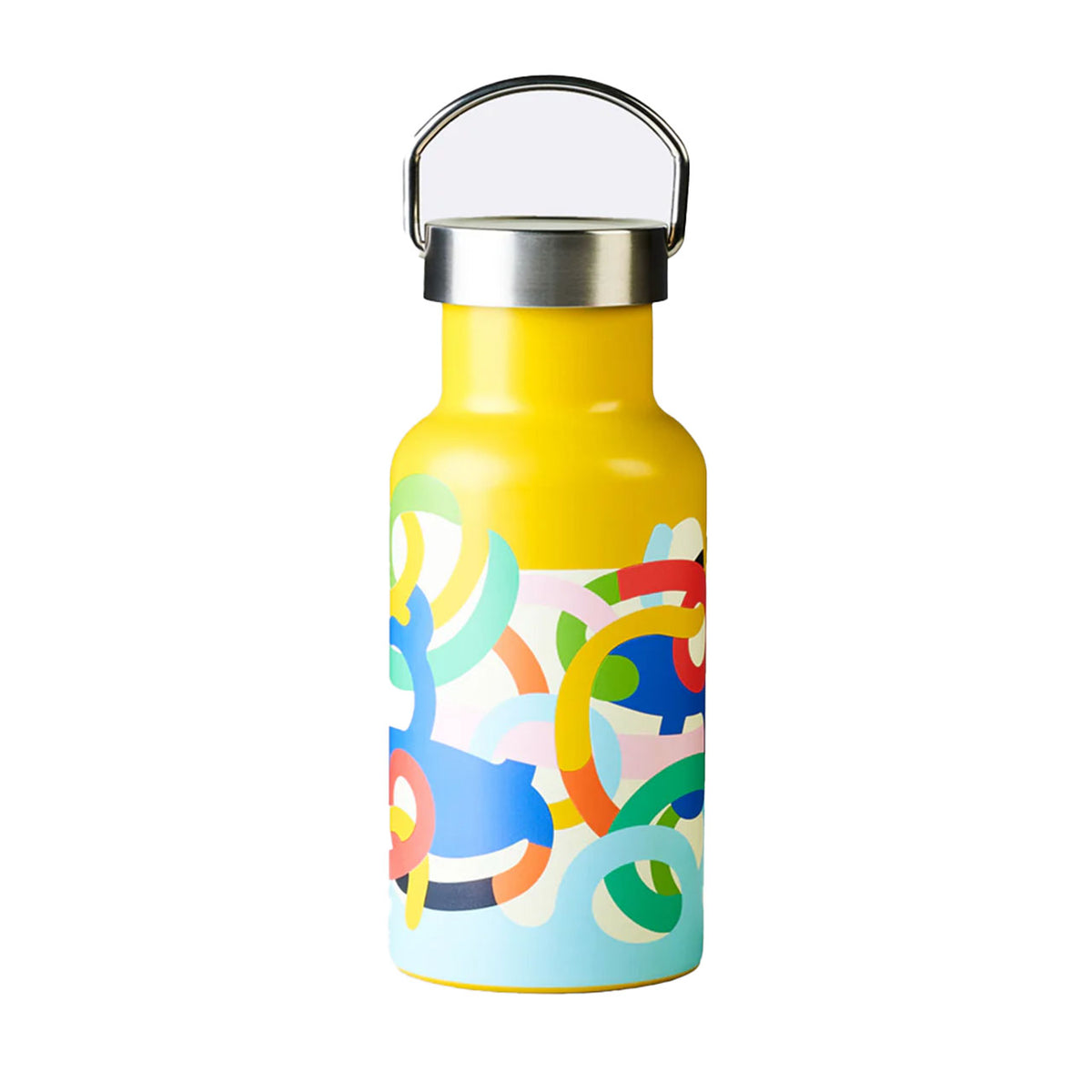 chic.mic Bioloco Sky Kids Trinkflasche 350 ml, gelb mit buntem Ringe-Muster, Edelstahldeckel mit Trageschlaufe